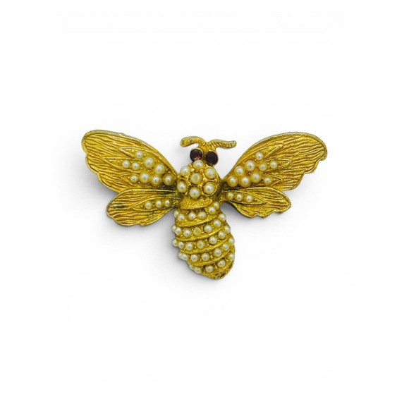 American Vintage Jewelry - Vintage Gold-Tone Bee Brooch | Faux Seed Pearl Cabochons & Red Rhinestone Eyes